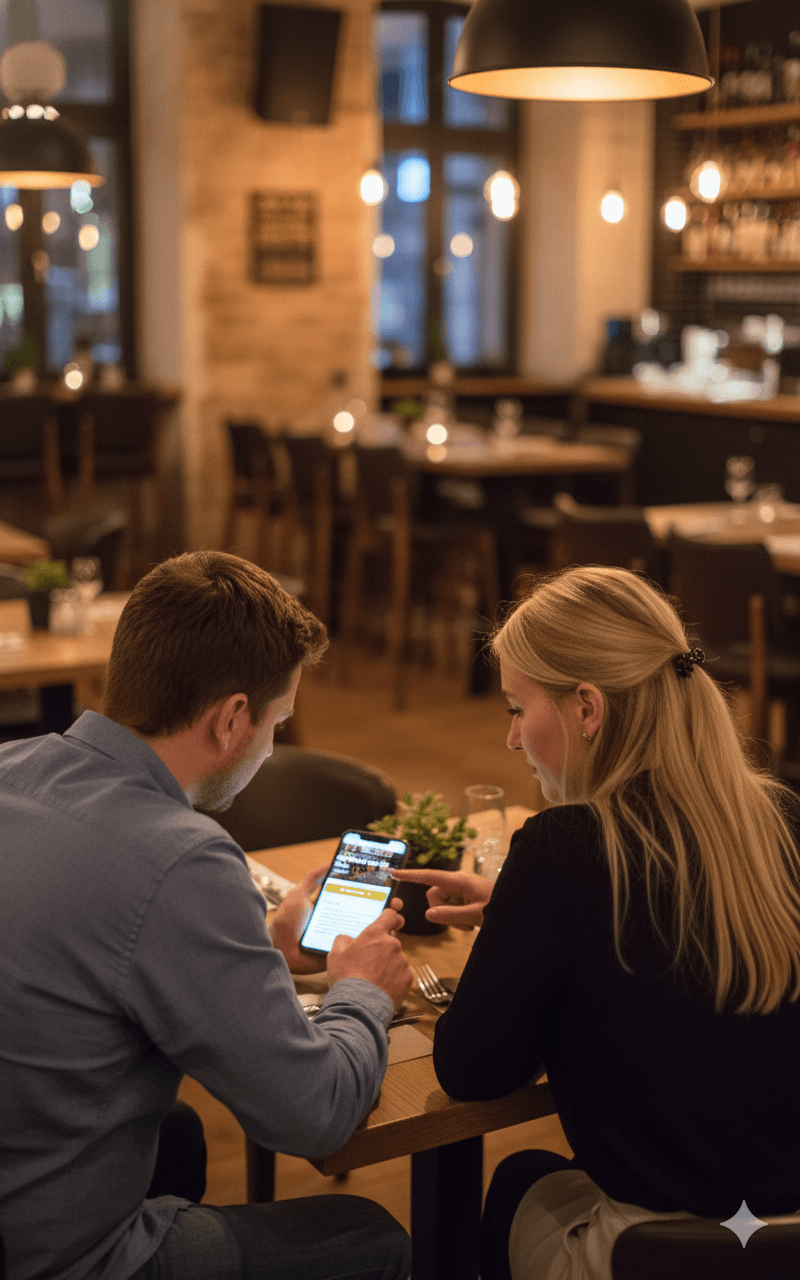 Paar bestellt mit Smartphone im Restaurant