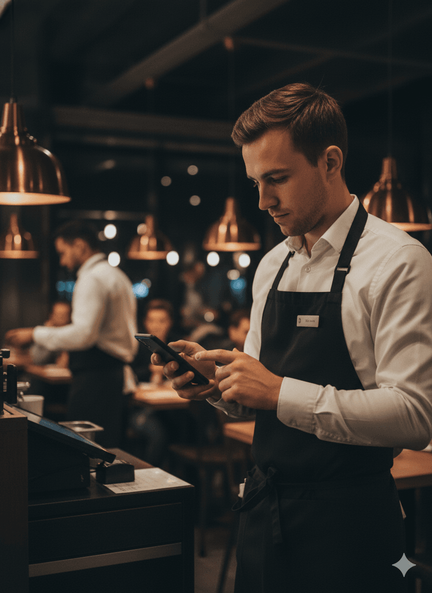 Kellner nutzt Smartphone App